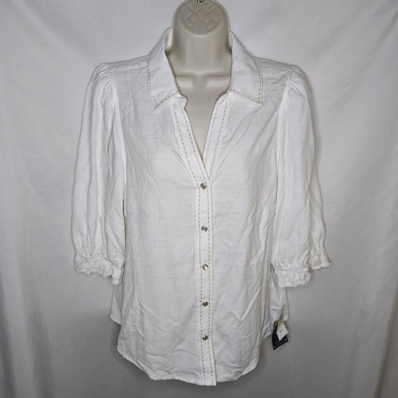 New Democracy Below Elbow Puff Sleeve Western Yoke Snap Front Off White Shirt M - Picture 2 of 15